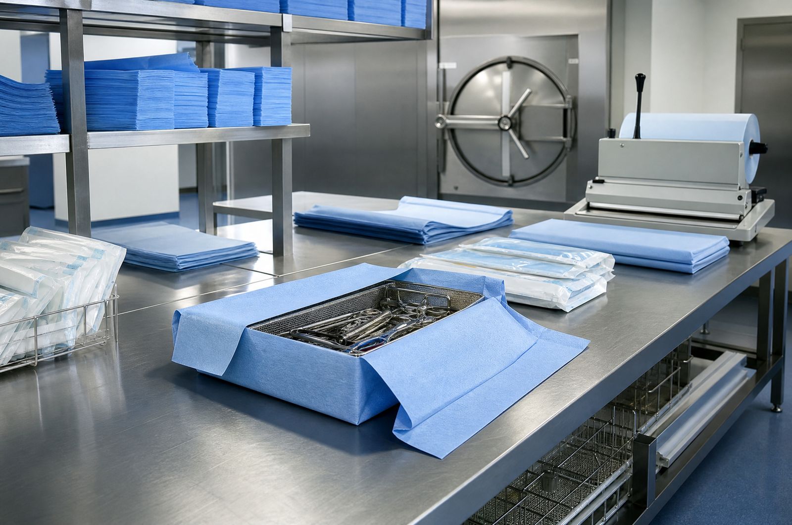 Sterile wrap, pouches and instrument trays on a packing bench